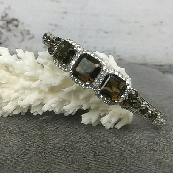Brazilian Smokey Quartz & White Cambodian Zirchon Cuff Bracelet - Picture 3 of 13